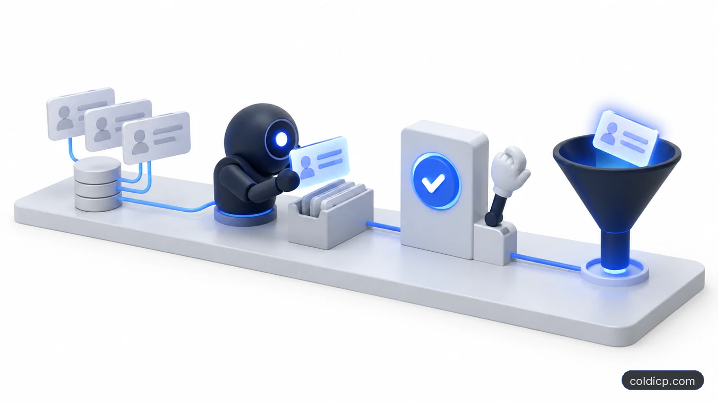 AI agent unit reviewing account cards from a data store, passing one card through a human approval checkpoint into a pipeline funnel
