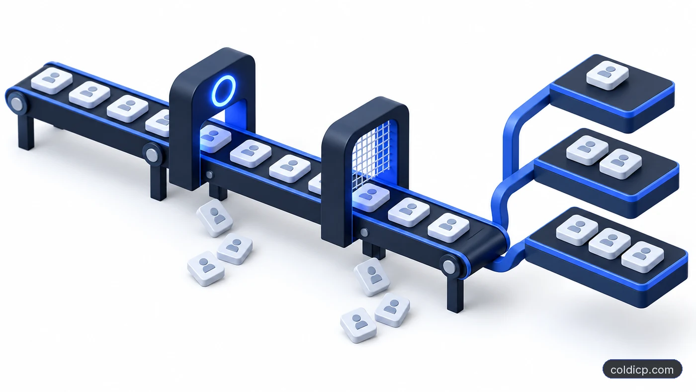 Contact tiles moving through verification and suppression checkpoints into three tiered stacks