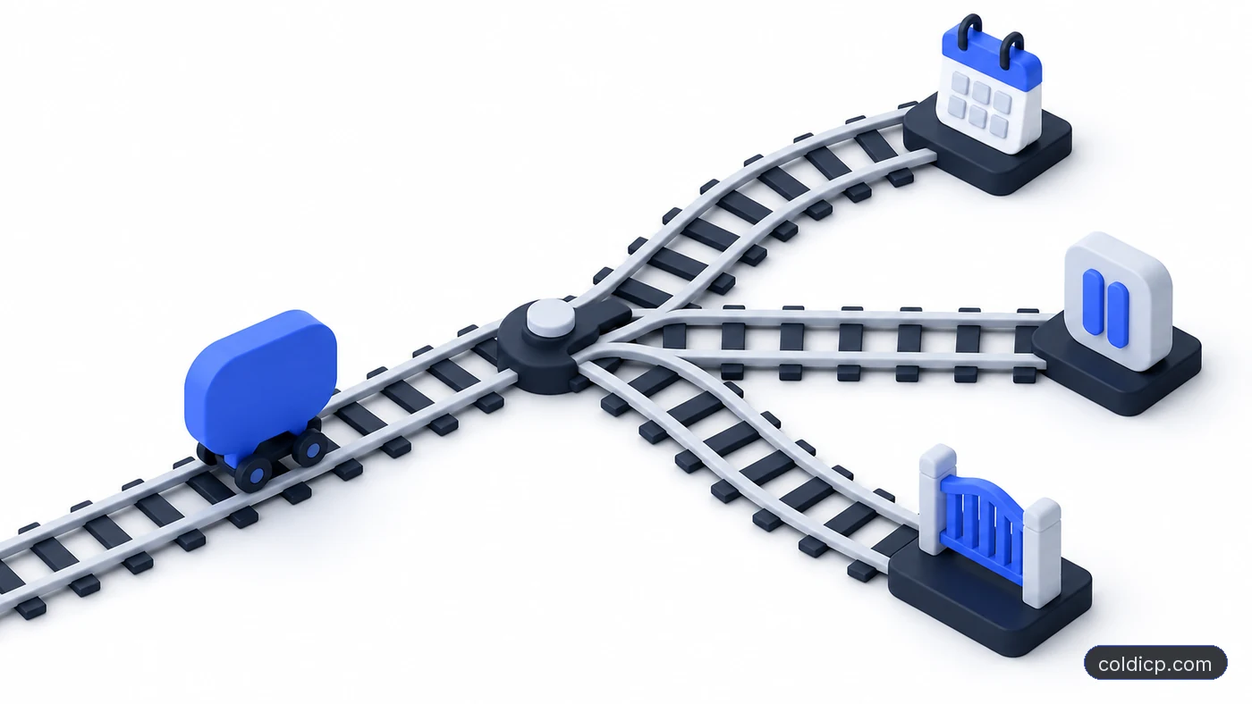 A reply cart arriving at a three-way rail switch leading to a calendar, a pause icon and a closed gate
