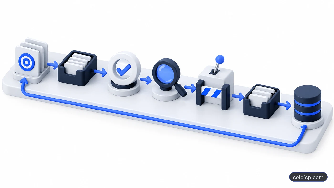 Seven-stage cold outreach automation pipeline with a human approval gate before sending and a feedback loop to the CRM