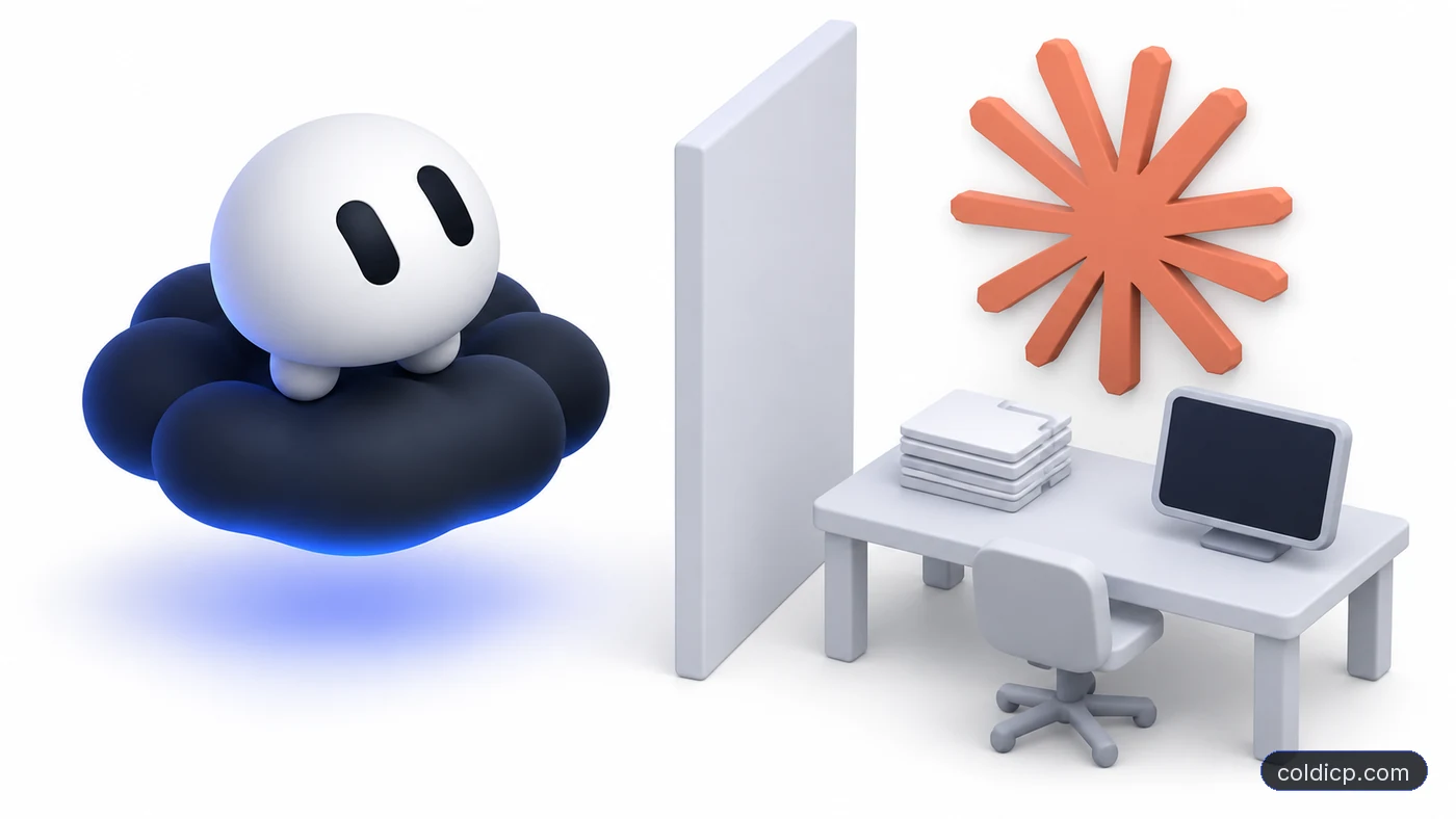 Grok Bot mascot on a hosted cloud platform, separated by a wall from a Claude Code workbench with script files and a monitor