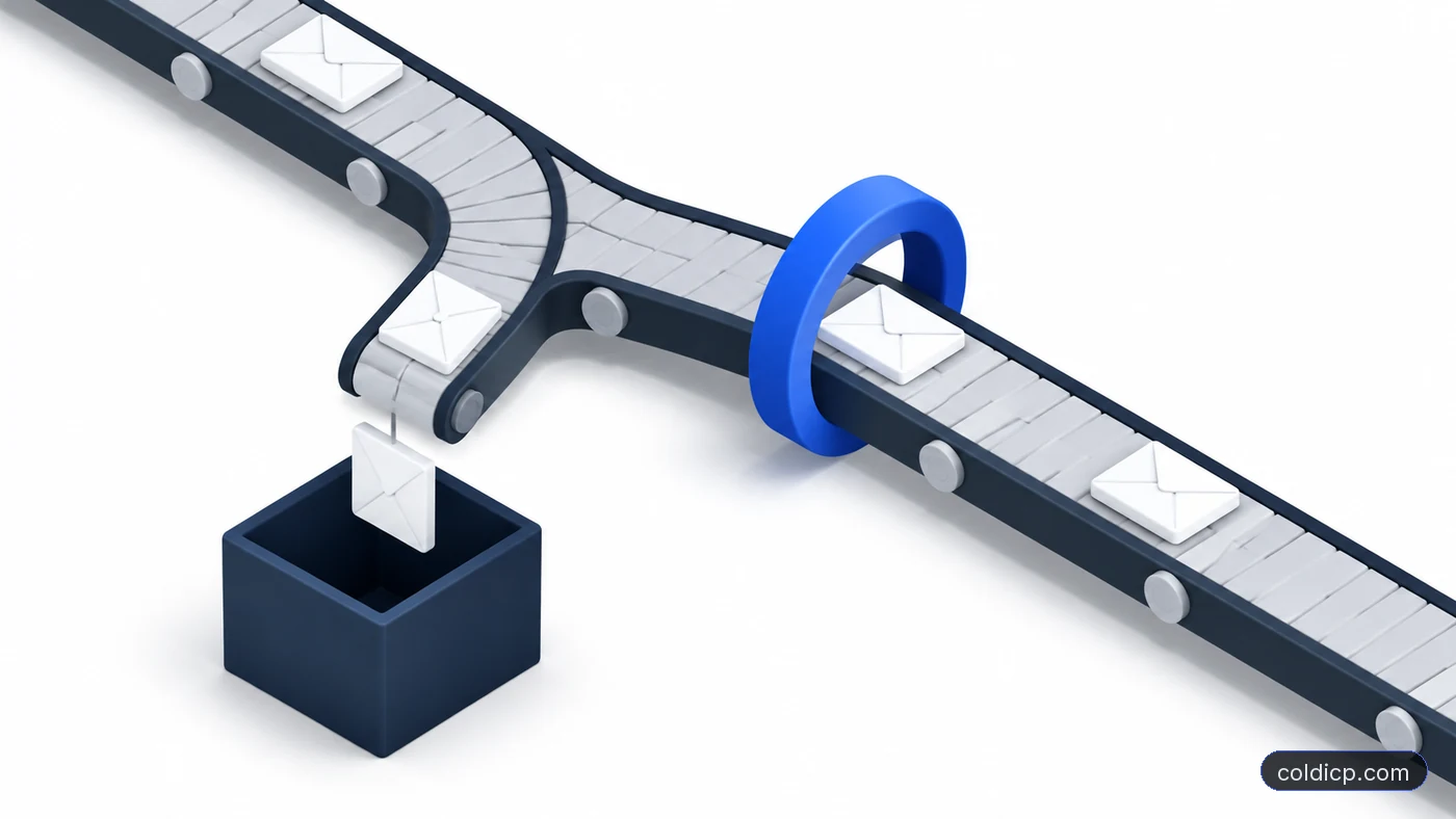 One mail tile dropping permanently into a suppression bin while another loops through a retry ring back onto the track
