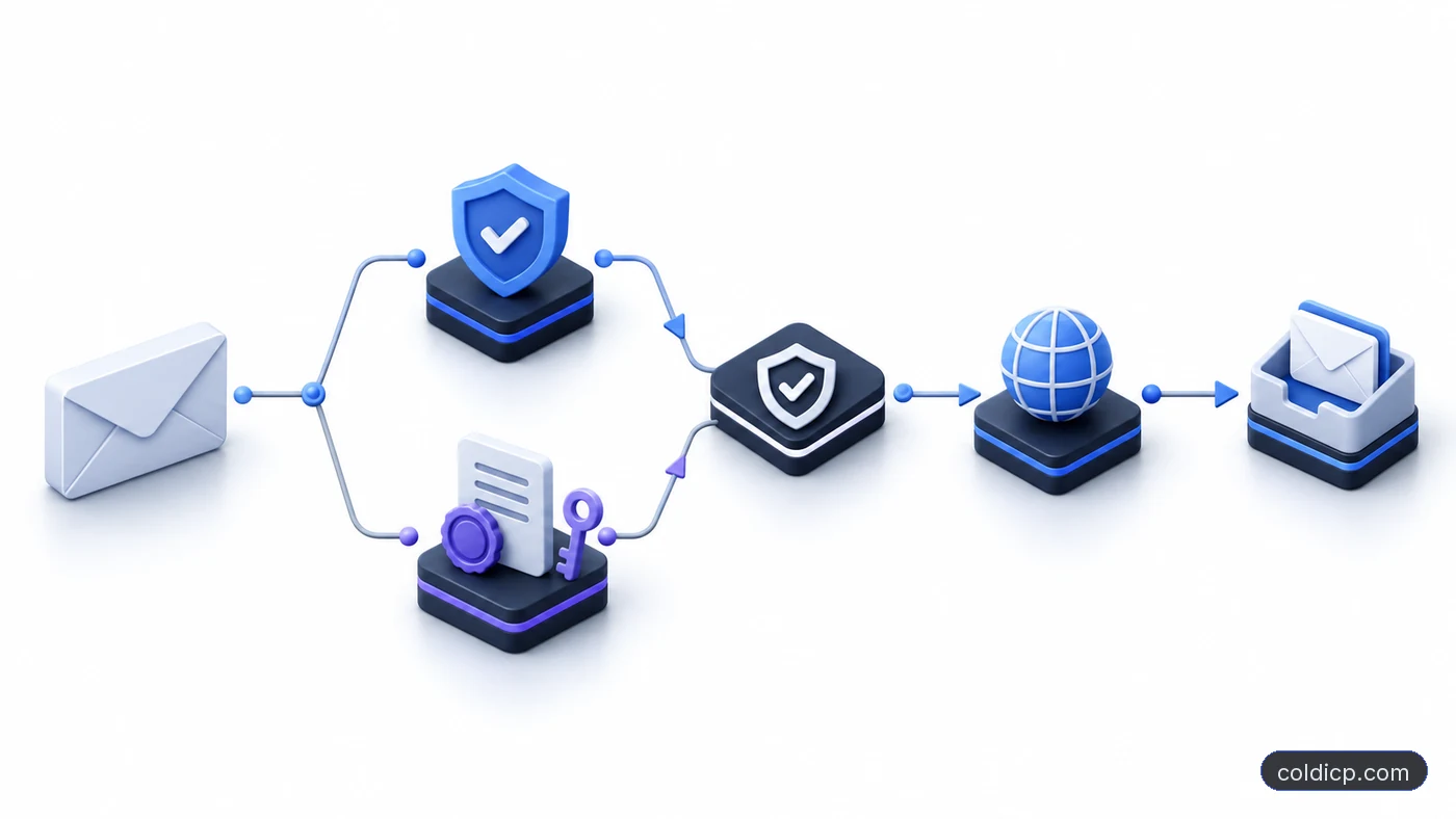Diagram showing SPF authorization and DKIM signing converging into a DMARC alignment decision