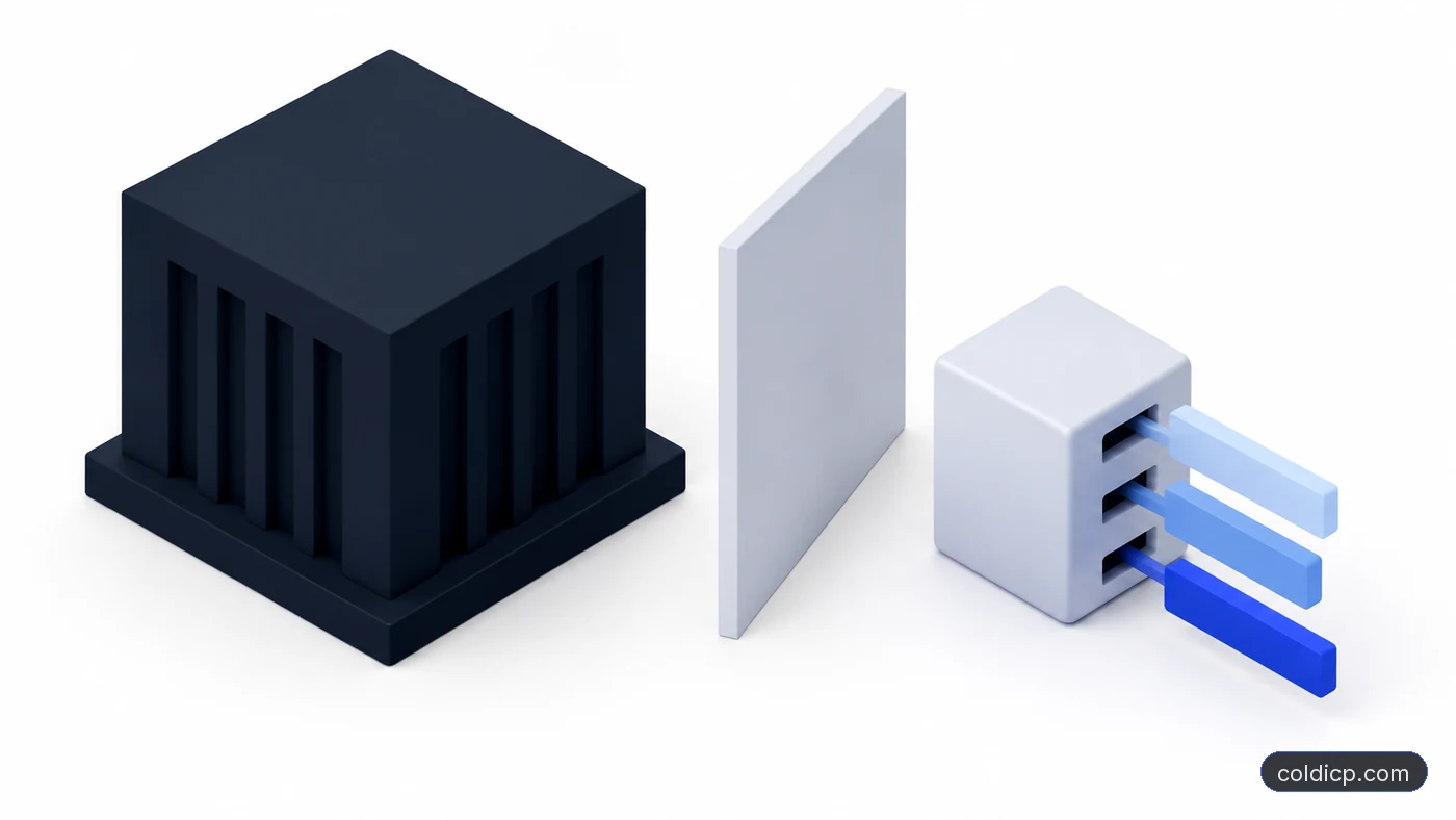 A sealed primary domain building with DNS record plates sliding into a separate small sending-domain cube beside it