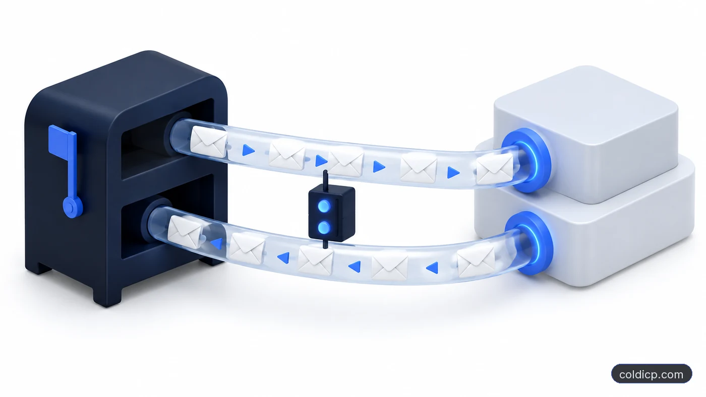 Two connections between a mailbox and a sending platform: an outbound SMTP path for sends and an inbound IMAP path that reads replies