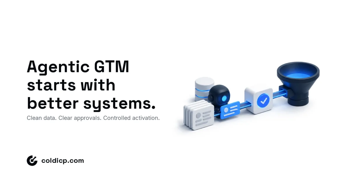 Isometric illustration of an AI agent unit reviewing account cards and data, passing one card through an approval checkpoint into a pipeline funnel, headline: Agentic GTM starts with better systems