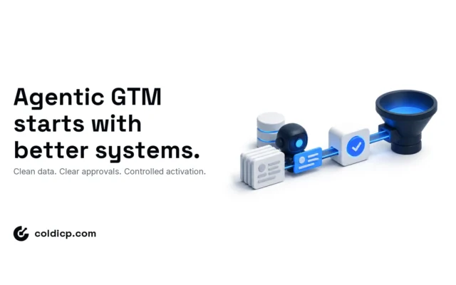 Isometric illustration of an AI agent unit reviewing account cards and data, passing one card through an approval checkpoint into a pipeline funnel, headline: Agentic GTM starts with better systems