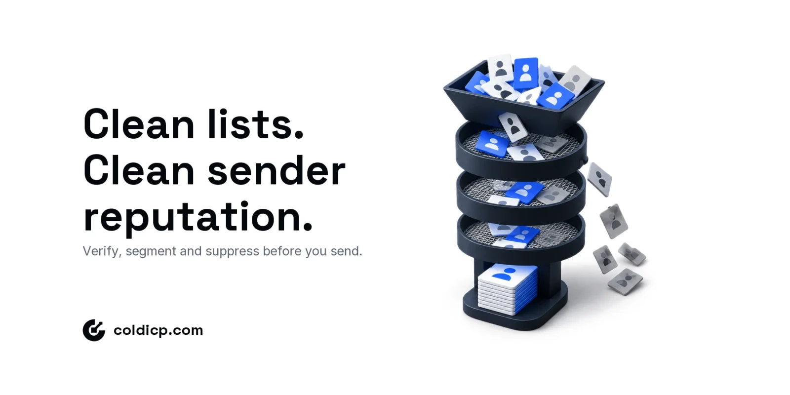 Isometric filter tower turning a messy pile of contact cards into a clean aligned stack, with rejected tiles falling away