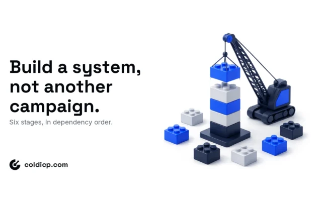 Isometric crane stacking modular blocks in order into a tower beside scattered unplaced blocks on the ground