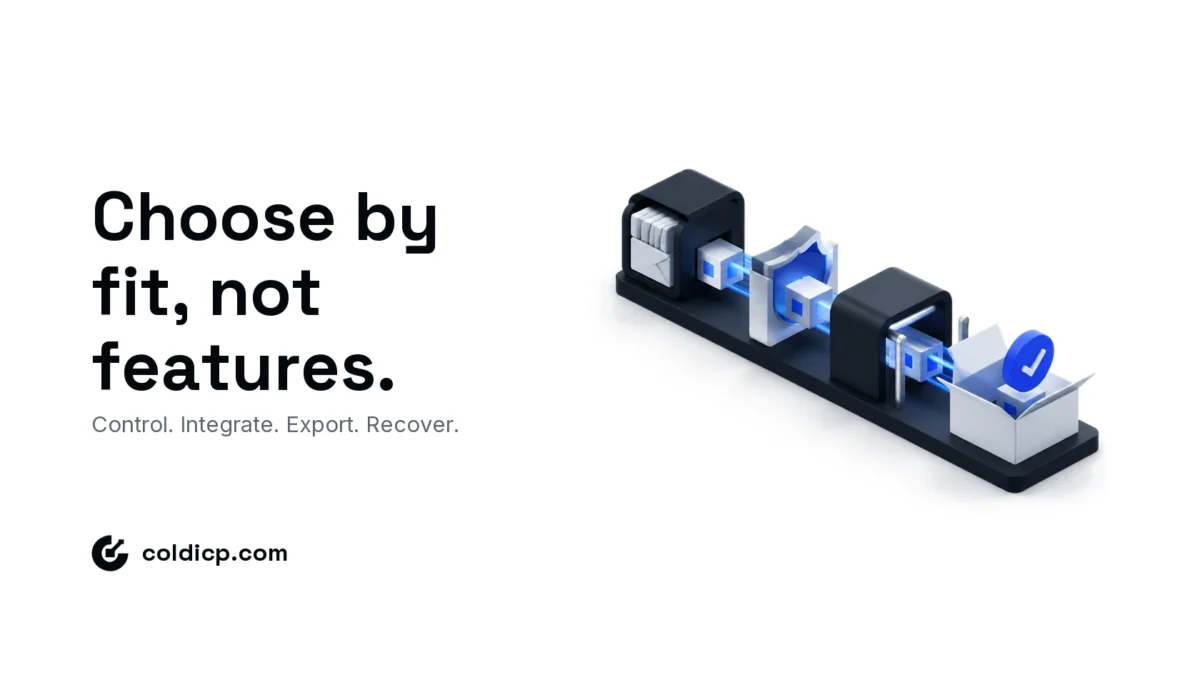 Isometric cold email software cube evaluated through mailbox, deliverability, integration and data portability gates
