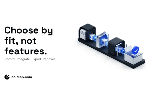Isometric cold email software cube evaluated through mailbox, deliverability, integration and data portability gates