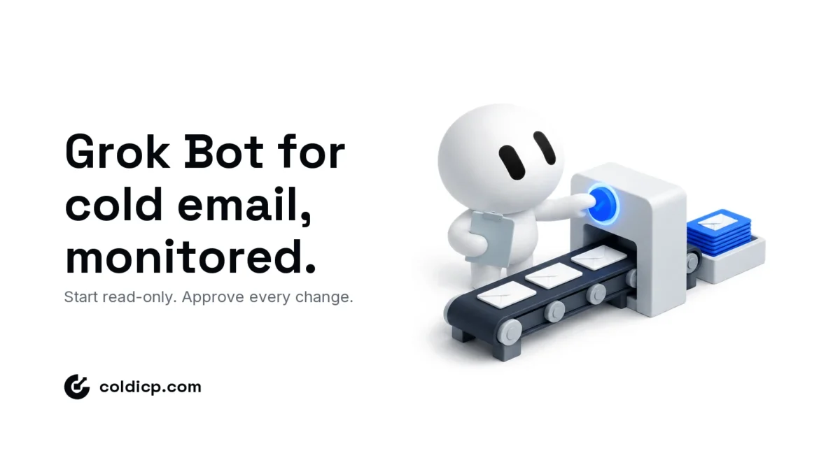 Isometric illustration of the Grok Bot mascot checking a report at an approval gate before cold emails pass through, headline: Grok Bot for cold email, monitored