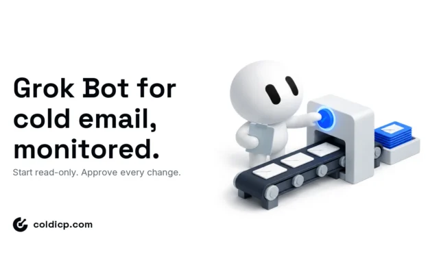 Isometric illustration of the Grok Bot mascot checking a report at an approval gate before cold emails pass through, headline: Grok Bot for cold email, monitored