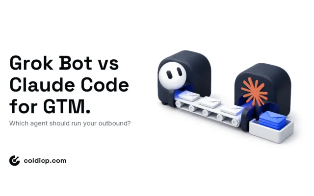 Isometric illustration of a Grok Bot machine passing cold emails along a conveyor to a Claude Code machine that stacks the replies, headline: Grok Bot vs Claude Code for GTM