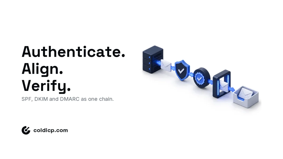 An email passes through three authentication gates representing SPF, DKIM and DMARC before reaching an inbox