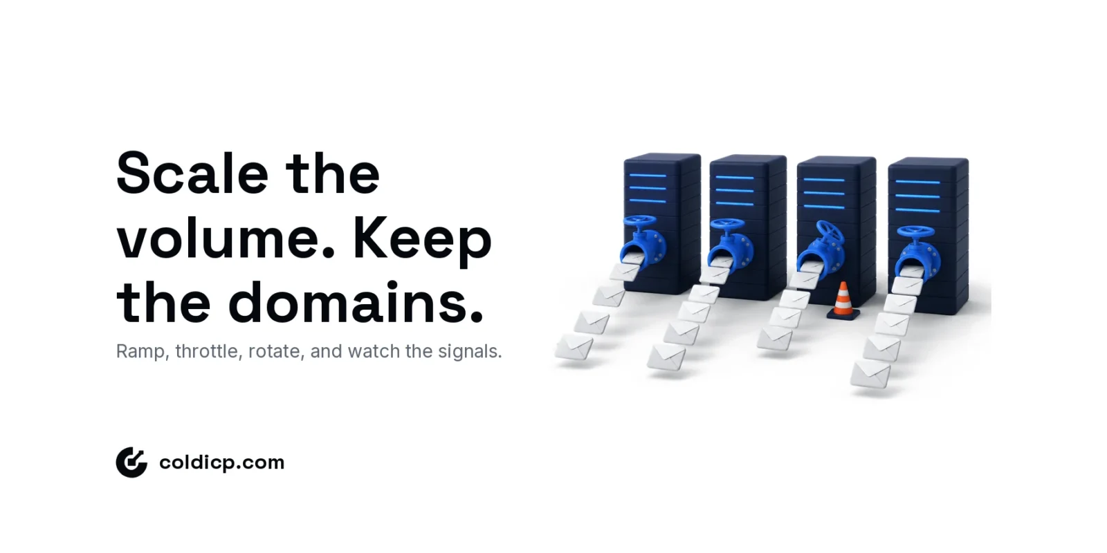 Isometric row of sending domain towers metering email through blue throttle valves, one eased back beside a warning cone