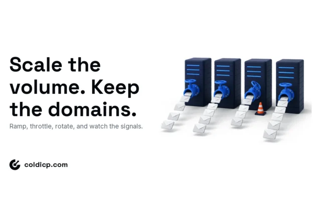 Isometric row of sending domain towers metering email through blue throttle valves, one eased back beside a warning cone