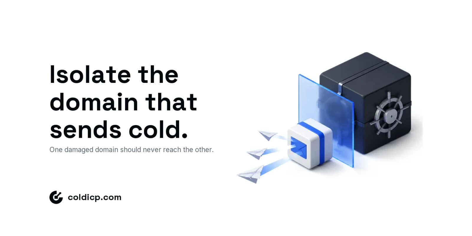Isometric scene of a sealed primary domain cube protected behind an isolation wall from a separate sending domain cube