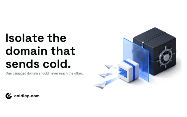 Isometric scene of a sealed primary domain cube protected behind an isolation wall from a separate sending domain cube