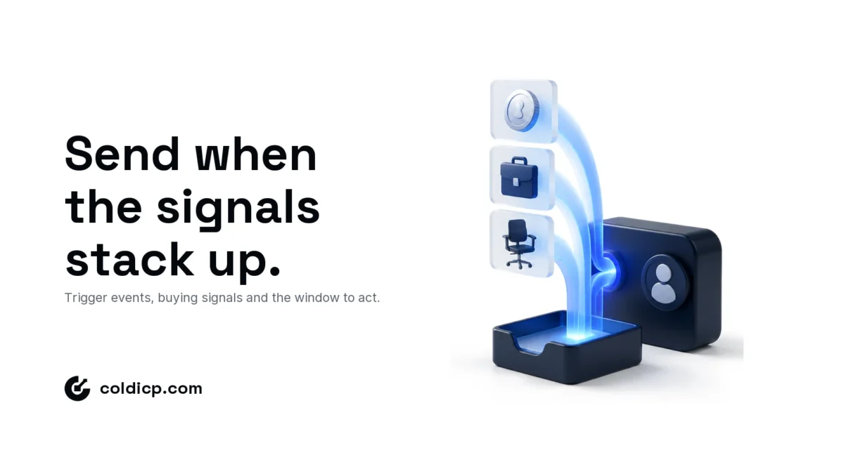 Isometric account block under stacked signal tiles that focus into one blue trigger beam lighting a sending tray