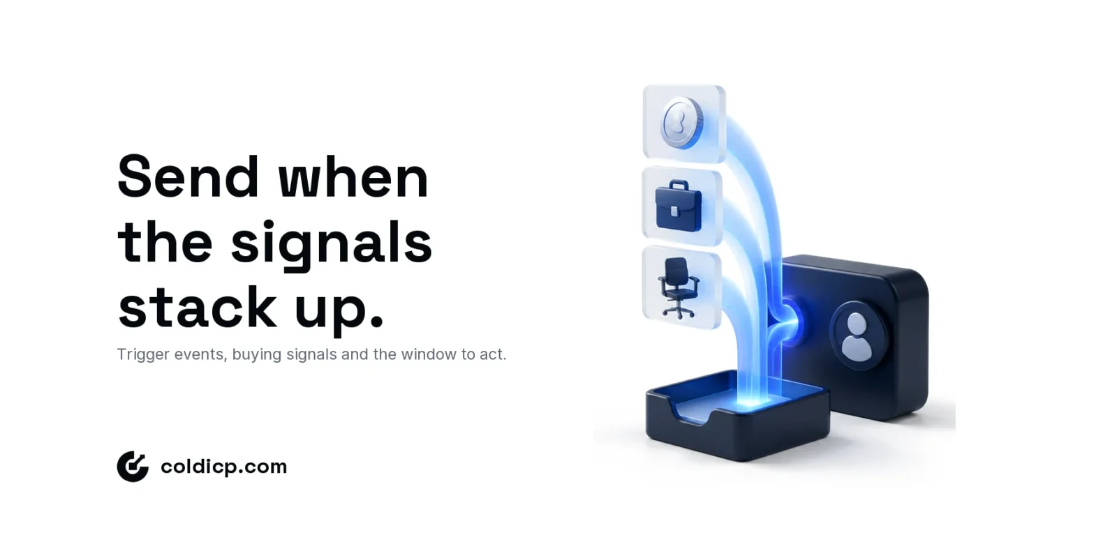 Isometric account block under stacked signal tiles that focus into one blue trigger beam lighting a sending tray