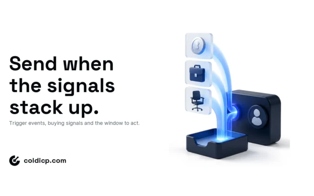 Isometric account block under stacked signal tiles that focus into one blue trigger beam lighting a sending tray