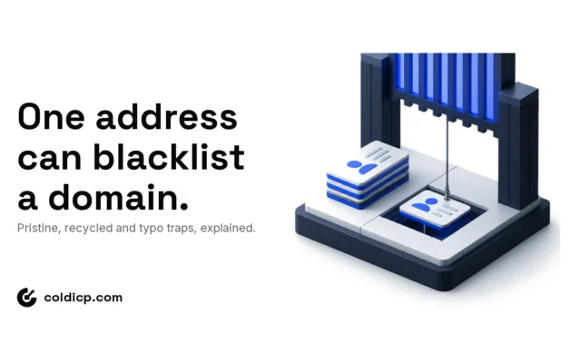 Isometric scene of a contact card resting over a hidden trapdoor connected to a sealing blacklist gate above